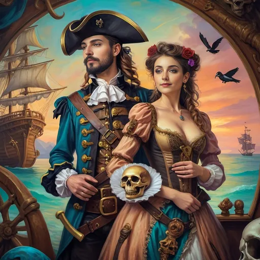 Prompt: (Renaissance oil painting "Honoring Nuit"), A highly detailed image of a pirate man and his lover dressed in ornate pirate costumes of the Conquistador period, dramatically posed together in front of a majestic ship adorned with a skull, lush vibrant colors, rich textures, mystical atmosphere, cinematic depth, featuring intricate backgrounds, a beautiful sunset sky, 4K, fantasy art influence, captures the essence of adventure and romance within this oil painted masterpiece.