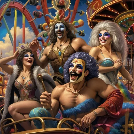 Prompt: (Honoring Nuit), vibrant oil painting of a lively group of drag queens riding a roller coaster, ecstatic expressions, in a whimsical carnival setting, colorful ferris wheel glowing in the background, (rainbow) painted on the coaster's side, bright blue sky filled with fluffy clouds, joyous atmosphere, high energy, ultra-detailed, cinematic masterpiece.