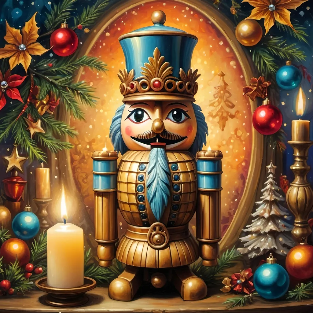 Prompt: a nutcracker with a candle and a candle holder in front of it, surrounded by christmas decorations, Anne Stokes, pop surrealism, extremely detailed oil painting, an airbrush painting