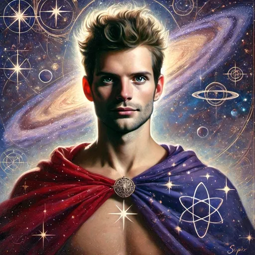 Prompt: a man with a cape on his chest and a star in the background with a space background and stars, Aaron Jasinski, metaphysical painting, divinity, an oil painting