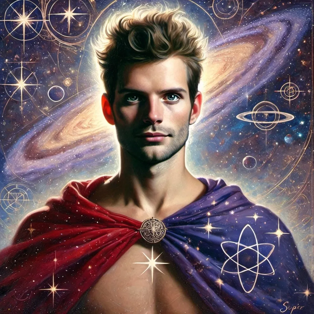 Prompt: a man with a cape on his chest and a star in the background with a space background and stars, Aaron Jasinski, metaphysical painting, divinity, an oil painting