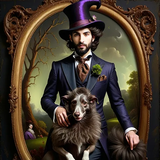 Prompt: (honoring Nuit), moon and stars) captivating handsome man magician, pointed witch hat, facial features highlighted, elegant beard, (renaissance baroque painting style), dark mystical background, rich deep colors with dramatic contrast, elements of Halloween celebration in still life arrangement, enigmatic ambiance, intricate shadows and light, (highly detailed), evoking intrigue and enchantment.