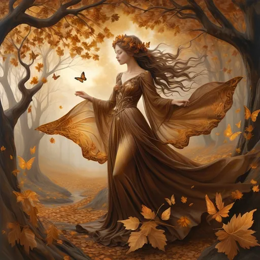 Prompt: (Renaissance style), (dark color scheme), painting of nature as a woman, flowing dress, delicate fabric, intricate details, butterfly in her hair, serene expression, surrounded by autumn leaves, rich browns and deep golds, ethereal atmosphere, soft, glowing light filtering through, capturing the essence of the Autumn Equinox, ultra-detailed, high-quality artwork.