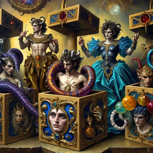 Prompt: (7 Wonders Art Glass Studio), (oil painting), demons as jack-in-the-boxes, circus setting, (highly detailed), (ultra-fine details), esoteric ambiance, dark and mysterious atmosphere, surreal colors, intricate textures, curiosity sparks, vivid contrasting shadows, ethereal lighting, artistically whimsical exhibits, hauntingly beautiful, capturing the essence of Nuit.