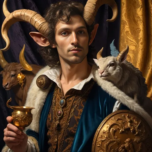 Prompt: (Renaissance style art) saturated still life portrait, (dark color scheme), ethereal ambiance, (vibrant) satyr man magician with pronounced horns, mystical objects surrounding him, dramatic lighting creating deep shadows, textured fabric, rich golden accents, intricately detailed background blending classic elements, (ultra-detailed), a captivating blend of magic and antiquity, rich visual storytelling.