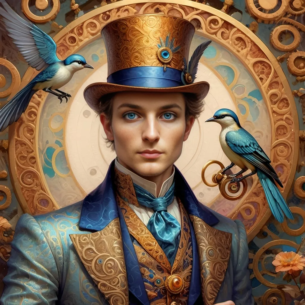 Prompt: a painting of a colorful bird with a circular background and a gold ring around it's neck and a blue eye, Android Jones, psychedelic art, highly detailed digital painting, a detailed painting