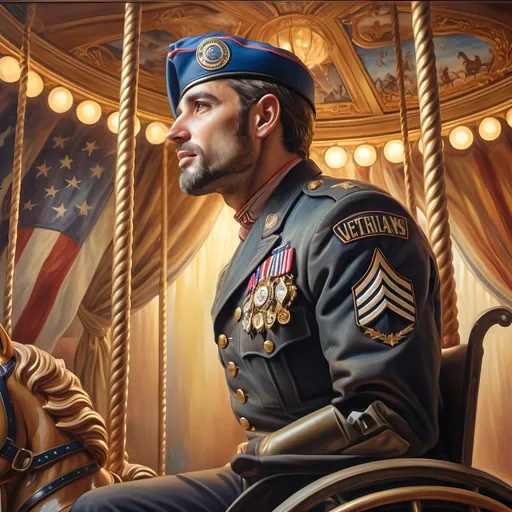 Prompt: (A Seven Wonders Art Glass Studio), oil renaissance painting, (vibrant colors), a man in military uniform, proudly riding on a Carousel of Heroes, surrounded by gracefully carved horses, soft, glowing ambiance, honoring veterans and those serving in the U.S. Military, warm golden lighting, intricate details in the uniform, carousel with richly adorned decorations, respectful atmosphere, high quality, ultra-detailed.