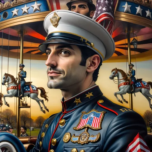 Prompt: A Seven Wonders Art Glass Studio oil renaissance painting of a man in military uniform riding on Carousel of Heroes.  Honors veterans and those serving in U.S. Military.  Honoring Nuit.  