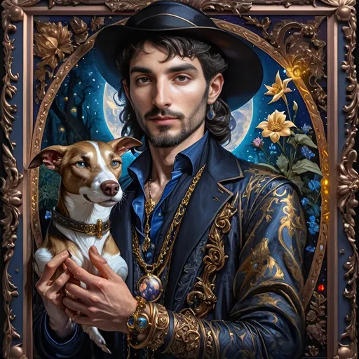 Prompt: (7 Wonders Art Glass Studio), (Renaissance portrait), half man, half goat, elegantly dressed in a suit and tie, beside a loyal dog, encased in a decorative frame adorned with vibrant flowers, lush forest background, exuding a mystical atmosphere, (esoteric themes), reverence for Nuit, high quality, masterful details, rich colors, atmospheric lighting, captivating composition.