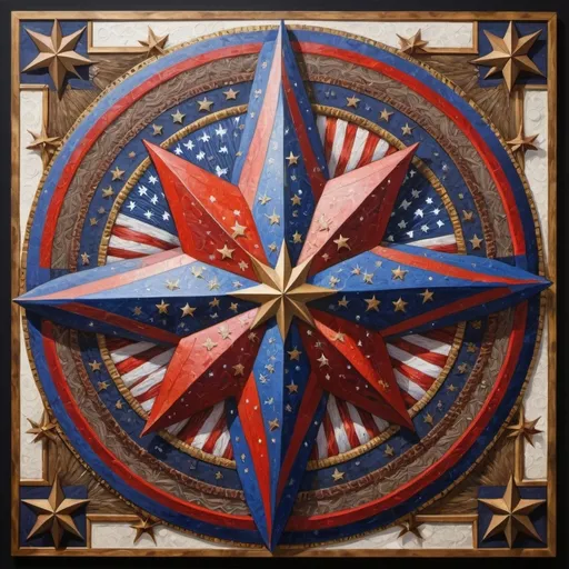 Prompt: (detailed painting), (symbolic star), vibrant colors of the United States, intricate symbols representing America, rich textures, depth in colors, blend of traditional and modern regionalism themes, expressing unity and diversity, profound visual storytelling, captures the essence of American identity, ultra-detailed, a masterpiece celebrating the spirit of the nation.