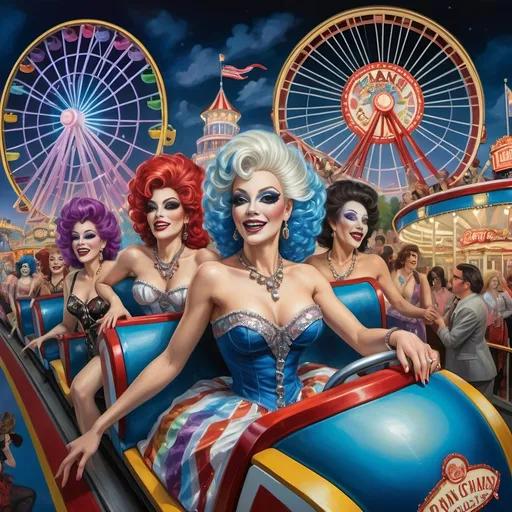 Prompt: (A magnificent oil masterpiece detailing) a group of vibrant drag queens, (spectacularly dressed) in fabulous clothing, joyfully riding the Nation’s New drag queen roller coaster in Liberty Park. In the background, (radiant) Ferris Wheel of Drag Queens looms, overlooking colorful local attractions under a (whimsical) nighttime sky, honoring the spirit of Nuit. (Ultra-detailed, vivid colors) bring this dynamic scene to life, celebrating pride and creativity.