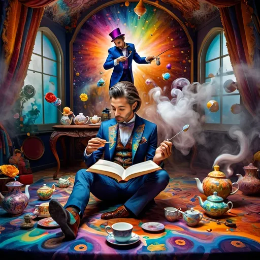 Prompt: (psychedelic still life portrait), vibrant colors, (magician jack-in-the-box man), whimsical tea party ambience, enchanting teapots, magical items animated around him, open book in front, dreamy and surreal atmosphere, intricate details, flowing patterns, mesmerizing depth, an explosion of colors, high-definition masterpiece, captivating and playful vibe.