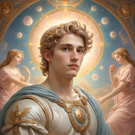 Prompt: (artstyle-renaissance) portrait of Apollo, celestial themes, (pastel color scheme) warm sunbeams, blending Nuit and Hadit influences, dynamic magical elements, carousel motif, whimsical ambiance, soft glow illuminating the scene, intricately detailed, ethereal background, serene yet enchanting atmosphere, masterful brushwork, elegant composition, ultra-detailed, high quality.