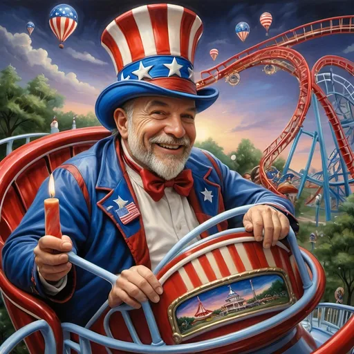 Prompt: A masterpiece painting by A Seven Wonders Art Glass Studio, (vibrant colors), depicting a man in a (patriotic hat) riding the (Freedom rollercoaster) in D.C.’s (new amusement park) named Freedom Park. The background features (dynamic amusement park rides), (lush greenery), and the spirit of (freedom) runs throughout. A symbolic homage to Nuit, with a (breathtaking sky) above, featuring (warm light) detailing and a victorious atmosphere, encapsulated in (ultra-detailed) art.