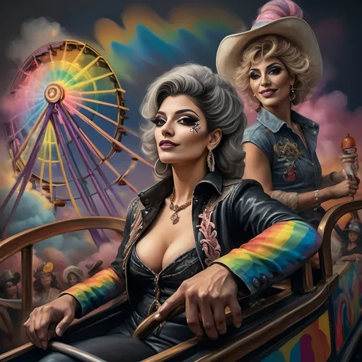 Prompt: (honoring nuit), a mesmerizing painting of colorful drag queens exuding joy and fabulousness while riding a roller coaster, vibrant (rainbow) painted on the side, a whimsical ferris wheel creating a festive atmosphere in the background, whimsical cotton candy clouds, (dynamic movement), warm pastel colors enhancing the lively scene, ultra-detailed, high-quality artwork capturing a celebratory ambiance.