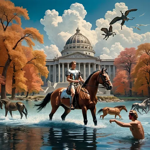 Prompt: (Court of Neptune, Library of Congress), art deco style, vibrant color scheme, a man riding a majestic horse in shimmering water, surrounded by diverse animals, grand building in the background, (Carel Willink influence), neoclassicism aesthetic, ultra-detailed cinematic matte painting, breathtaking composition, high-quality artistic masterpiece, dynamic movement, lush reflections on the water surface, captivating atmospheric depth.