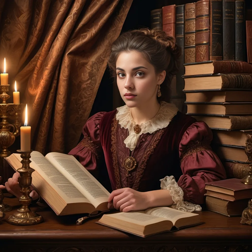 Prompt: Baroque-style portrait, (detailed facial features), (expressive eyes), (elegant attire), rich textures, warm amber and deep burgundy tones, soft dramatic lighting, ornate background of books and scholarly objects, conveys wisdom and cultural significance, intricate details, historical atmosphere, ultra-detailed, high quality, captivating expression.