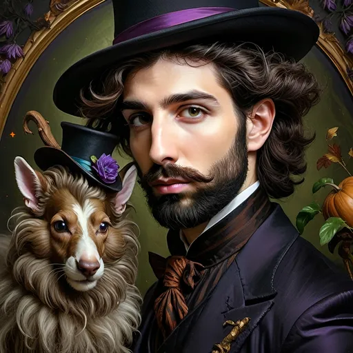 Prompt: (honoring Nuit), moon and stars) captivating handsome man magician, pointed witch hat, facial features highlighted, elegant beard, (renaissance baroque painting style), dark mystical background, rich deep colors with dramatic contrast, elements of Halloween celebration in still life arrangement, enigmatic ambiance, intricate shadows and light, (highly detailed), evoking intrigue and enchantment.