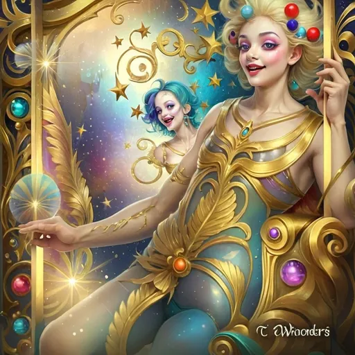 Prompt: Masterpiece painting of a magical clown genie, (surprised expression), riding a whimsical carousel adorned with vibrant colors and intricate details, soft shimmering lights illuminating the scene, (homage to Nuit), dreamy atmosphere, playful and enchanting mood, ultra-detailed, rich textures, surreal elements, background filled with shimmering stars and soft clouds, emphasizing wonder and imagination.