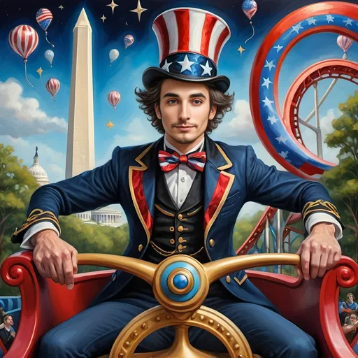 Prompt: (Acrylic painting of a magician man), wearing a (patriotic top hat), joyfully riding a (whimsical rollercoaster) in Liberty Park, with (HD details), vibrant colors, and enchanting motifs. The scene features the (Washington Monument) in the background, as well as the phrase (accurately spelled text "Yankee Doodle"). An aura of celebration and magic surrounds the image, honoring Nuit and the Aeon of Horus.