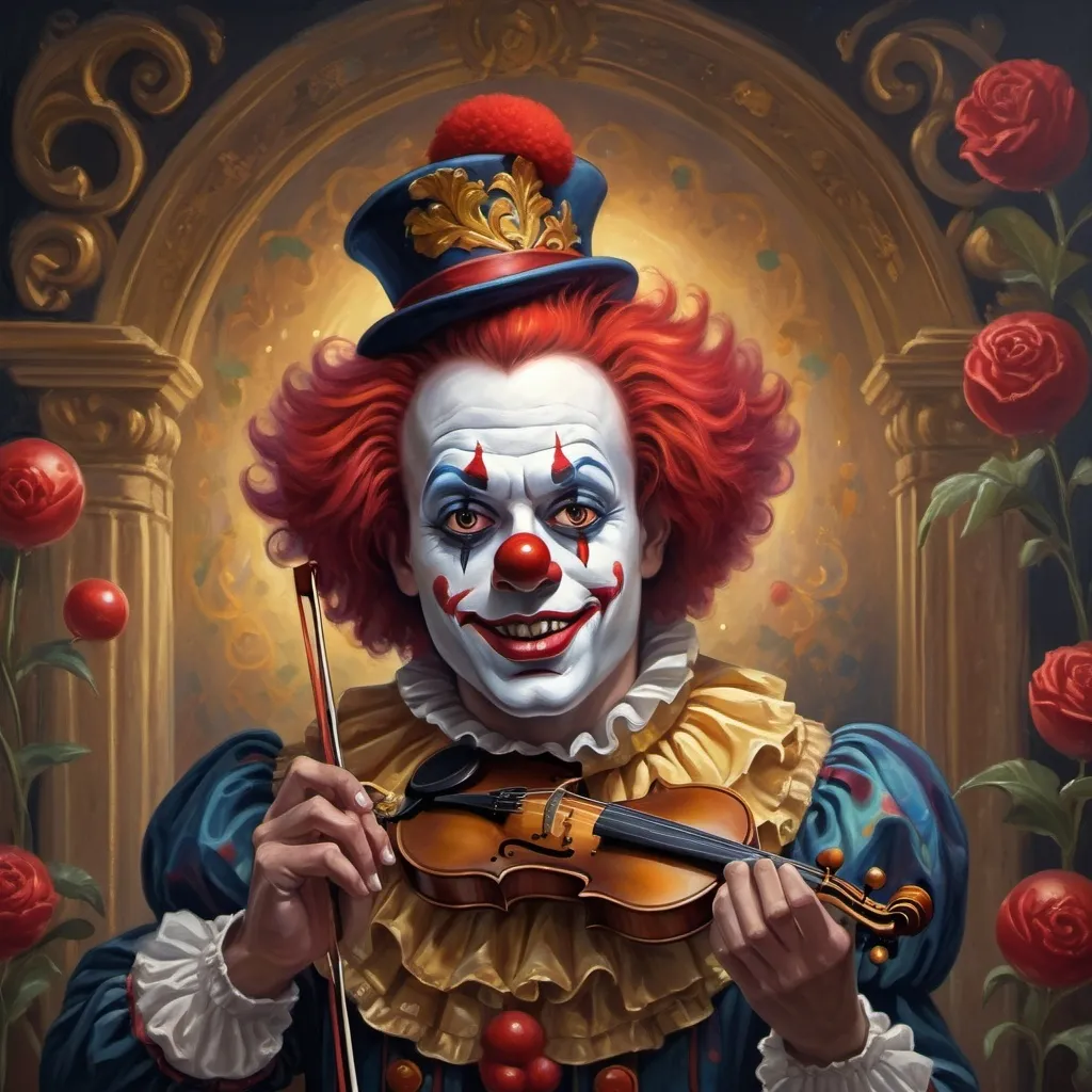 Prompt: a painting of a dark headed male clown with a gold violin and a ball in front of him, with a red clown's face painted on it, magical ambiance, friendly, highly detailed digital painting, an ultrafine detailed painting.  Add Renaissance background.  Adorn with mystic florals.  Add sun influences.  Add influences of the God Nuit in the following manner.  