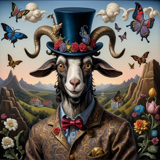 Prompt: (A seven wonders art glass studio) masterpiece oil painting, detailed depiction of a whimsical goat wearing a (top hat) adorned with vibrant flowers, accompanied by a graceful butterfly symbolizing Nuit. Spring Equinox 1467, infused with (Renaissance) influences, demonstrating a blend of pop surrealism in the style of pj crook, vivid colors and intricate details create a captivating atmosphere. 