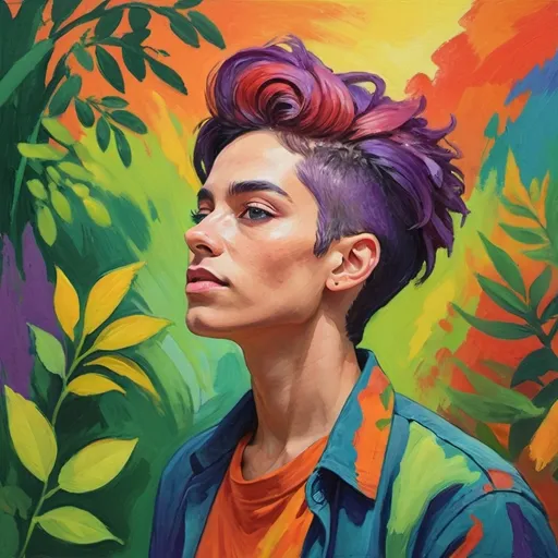 Prompt: Fauvist-style portrait, (genderqueer activist), vibrant colors, dynamic energy, expressive brush strokes, warm and cool contrasts, nature elements, bold and rich hues, advocating for environmental causes, surrounded by greenery, lively background, capturing passion and commitment, celebrating activism, modern art feel, ultra-detailed, high definition.