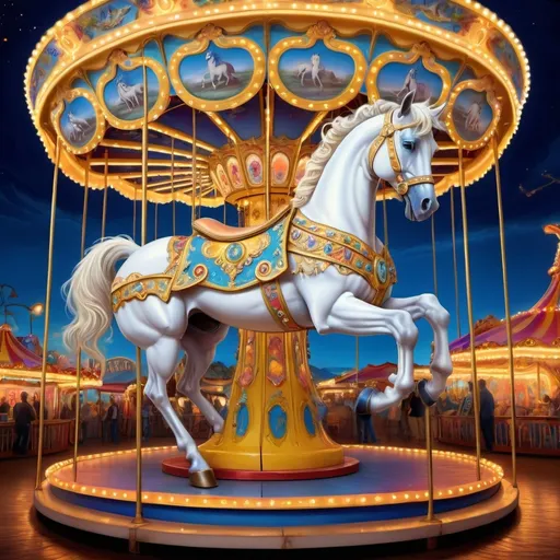 Prompt: (dynamic carousel scene), (white horse) elegantly perched atop, adorned with vibrant lights illuminating its sides, (David LaChapelle style), (pop surrealism), mesmerizing hues of deep blues and bright yellows enveloping the atmosphere, intricately designed structures surrounding the carousel, (ultrafine details), (high-quality digital painting), enchanting and whimsical ambiance, captivating details, soft glowing lights in a dreamlike setting.