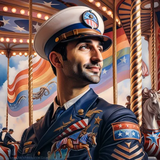 Prompt: (A masterpiece oil painting) of a man in (military uniform), riding the (Carousel of Heroes), vibrant colors highlighting the ornate design of the carousel. The scene is filled with a (nostalgic atmosphere), paying homage to (veterans and active military). Whispering elements of (honor) and (courage) are present, with artistic flourishes emphasizing the essence of (Nuit). The overall feel is (dramatic) and uplifting, portraying both valor and beauty in high definition.