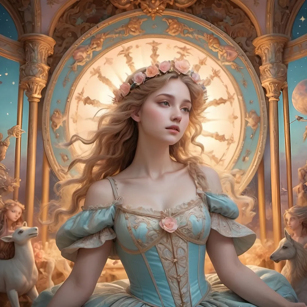 Prompt: (artstyle-renaissance), carousel of Humanity, (pastel color scheme), portrait of Apollo, celestial elements, influences of Nuit and Hadit, blending warmth of the sun, dynamic magic, ethereal atmosphere, whimsical details, soft lighting, intricate patterns, harmonious composition, high-quality, ultra-detailed, dreamy ambiance, romantic and enchanting.