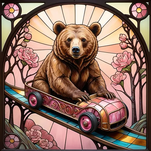 Prompt: Art nouveau painting of a (brown cub bear as a roller coaster car ), rich stained glass background, magical oil on canvas texture, (pastel color scheme), whimsical pink ground