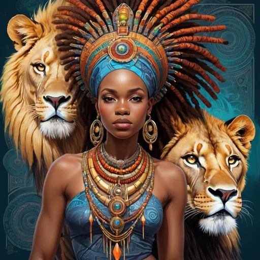 Prompt: (Chinwe Chukwuogo-Roy inspired), highly detailed digital painting, afrofuturism elements, a woman wearing an ornate headpiece, a majestic lion juxtaposed with her face, vibrant colors blending harmoniously, intricate patterns in the background, a detailed map of Africa framed behind, ethereal ambiance, captivating and symbolic, ultra-detailed, fine art masterpiece, evocative and sophisticated atmosphere.