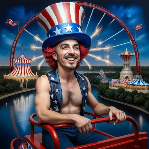 Prompt: (A Seven Wonders Art Glass Studio masterpiece) painting of a man wearing a patriotic hat, (thrilling pose) riding the Freedom rollercoaster, (vibrant colors), scenic background of Freedom Park in D.C., (dynamic movement), celebrating freedom, eternal spark of joy, whimsical ambiance, soft warm lighting, highly detailed, clarity, engaging and joyful atmosphere, surrounded by delighted visitors, landmarks in the distance.