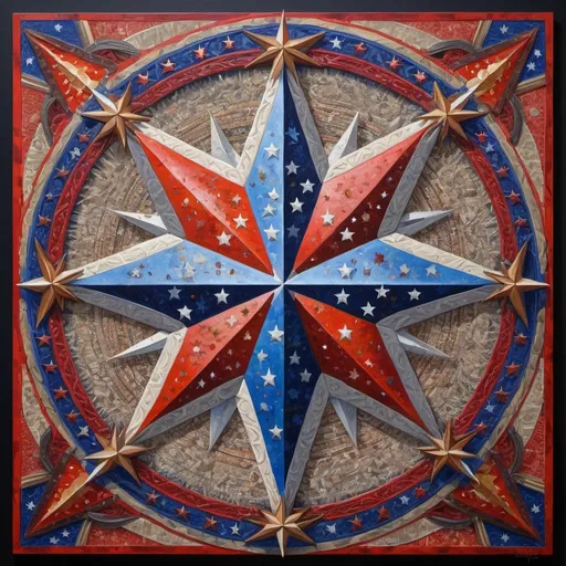 Prompt: (detailed painting), (symbolic star), vibrant colors of the United States, intricate symbols representing America, rich textures, depth in colors, blend of traditional and modern regionalism themes, expressing unity and diversity, profound visual storytelling, captures the essence of American identity, ultra-detailed, a masterpiece celebrating the spirit of the nation.