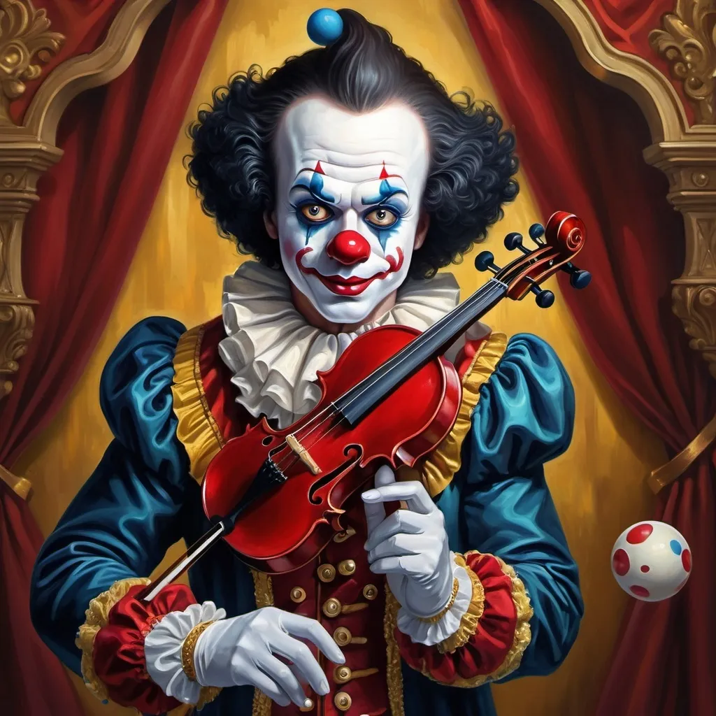 Prompt: a painting of a dark headed male clown with a gold violin and a ball in front of him, with a red clown's face painted on it, magical ambiance, friendly, highly detailed digital painting, an ultrafine detailed painting.  Add Renaissance background.  Adorn with mystic florals.  Add sun influences.  Add influences of the God Nuit in the following manner.  