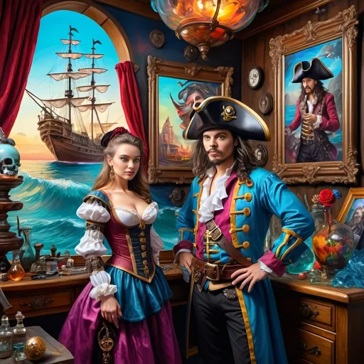 Prompt: (7 Wonders Art Glass Studio) Renaissance (oil painting) masterpiece, capturing the essence of honor and adventure, featuring a detailed portrayal of a pirate man and his lover dressed in Conquistador-era pirate costumes, gracefully posed in front of a majestic ship adorned with a skull, vibrant colors, dramatic lighting, highly detailed, fantastical elements, inspired by David Macaulay, showcasing the rich textures of oil paint, true artistry.