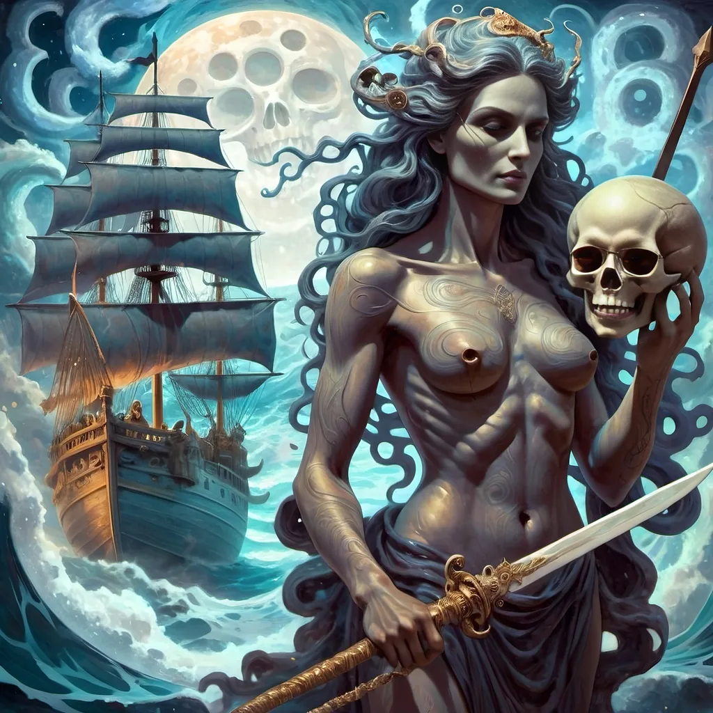 Prompt: (psychedelic oil painting), a mysterious female figure, dark color scheme with rich, deep hues, illustrating a surreal scene, holding a skull and a sword, positioned before an enigmatic ship, illuminated by a haunting full moon, honoring (the goddess) Nuit, intricate details, dynamic swirls, high definition, captivating and dreamlike ambiance.