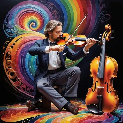 Prompt: art nouveau style, (vibrant colors), painting of a man playing violin, intricate items surrounding him, complex rainbow swirl background, (emotion of harmony and creativity), surreal depiction of sound waves as colors, rhythmic patterns, expressive facial features, ethereal ambiance, whimsical elements, (HD), highly detailed masterpiece.