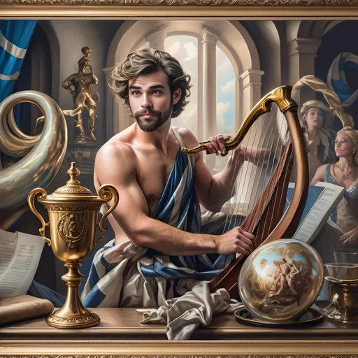 Prompt: Honoring Nuit, this is a Seven Wonders Art Glass Studio oil painting of a man with a beard holding a harp and a cup of wine next to a golden cup, Ditlev Blunck, neoclassicism, classical painting, a flemish Baroque.  Printing captures a mortal honoring the God Pan.