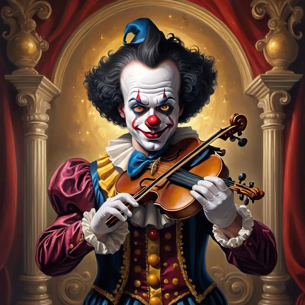 Prompt: a painting of a dark headed male clown with a gold violin and a ball in front of him, with a red clown's face painted on it, magical ambiance, friendly, highly detailed digital painting, an ultrafine detailed painting.  Add Renaissance background.  Adorn with mystic florals.  Add sun influences.  Add influences of the God Nuit in the following manner.  