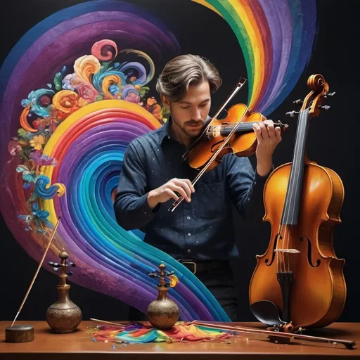 Prompt: (Hearing in Color), art deco style, vibrant color scheme, (complex rainbow swirl) background, painting of a man playing violin, intricate items surrounding him, (renaissance still life) elements, (music flowing as a rainbow), dynamic movement, mixing visual art with sound, hyper-detailed, rich textures, cinematic ambiance, enchanting atmosphere, (4K ultra-detailed quality), colorful symphony of sight and sound.