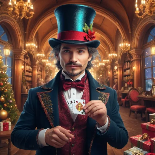 Prompt:  Christmas setting. (magician with top hat), (magical ambiance), intricate details, cheerful expression, (ultra-fine detailed digital painting), vibrant colors, dramatic lighting, Renaissance background with ornate architecture, whimsical elements, captivating aura, enchanting atmosphere, showcasing magical effects and sparkles, (4K), enchanting scene, visually stunning masterpiece.