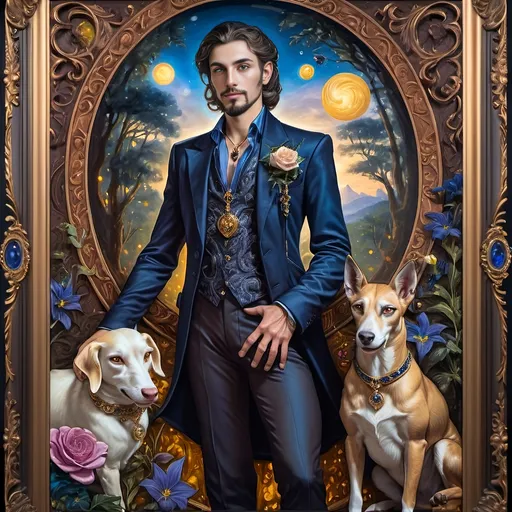 Prompt: a 7 Wonders Art Glass Studio Renaissance portrait painting of a half man, half goat, in a suit and tie with a dog in a frame with flowers and forest.  Esoteric Pan’s Arcadia setting honoring Nuit.