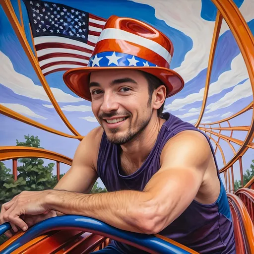 Prompt: A Seven Wonders Art Glass Studio masterpiece painting of a man in a patriotic hat riding Freedom rollercoaster in D. C.’s new amusement park named Freedom Park.  Honoring Nuit.