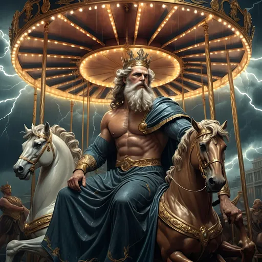 Prompt: (Art Deco style), richly (dark color scheme), depicting Zeus, a bearded man, wearing a crown, holding a pole on a carousel, dramatic (lightning in the background), (fantasy art), (highly detailed digital painting), a masterpiece by Bastien L. Deharme, atmospheric, immersive, captivating details, exquisite textures, ultra-detailed portrait, cinematic depth, electrifying ambiance.