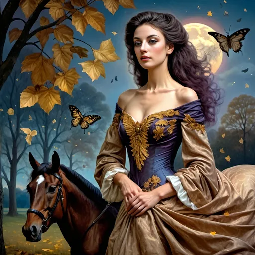 Prompt: (Honoring Nuit), highly detailed oil painting, thoroughbred horse, elegant posture, lush Kentucky farm, evening dusk setting, warm and vibrant hues, soft golden light reflecting off the horse’s coat, scenic rolling hills in the background, tranquil ambiance, serene atmosphere, ultra-detailed, masterpiece quality, evocative emotional tone, captivating and luminous sky blending soft pinks and deep purples, harmonious nature scene.