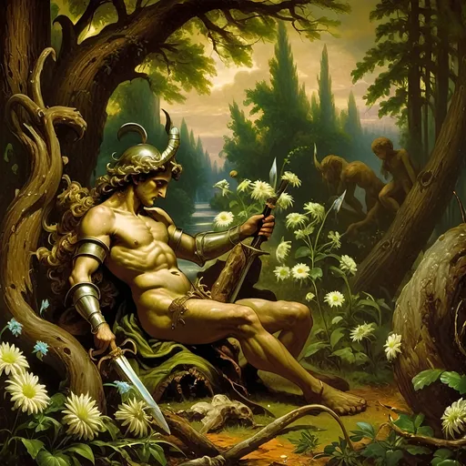 Prompt: Renaissance painting of a (knight laying on the ground), gripping a (sword in hand), surrounded by (daisies in the foreground), characterized by (misc-macabre style), (dark color scheme), inspired by (Anne Stokes), (fantasy art), (storybook illustration), moody ambiance, vibrant detailed textures, (ultra-detailed), dramatic shadows, rich depth, a hauntingly beautiful scene.