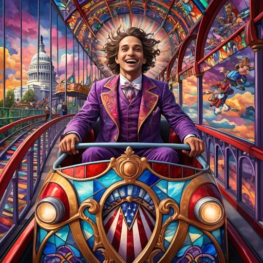 Prompt: (psychedelic art style), magicians riding a roller coaster, vibrant color scheme, whimsical atmosphere, capturing surprise photos,  intricate fine details, amusement park titled "Liberty Park" in D.C., stunning stained glass coaster, fantastical clouds floating, kaleidoscopic visuals, surreal happiness, exciting energy, high contrast colors, ultra-detailed, dreamlike scenery, bountiful whimsy, inviting yet thrilling ambiance.