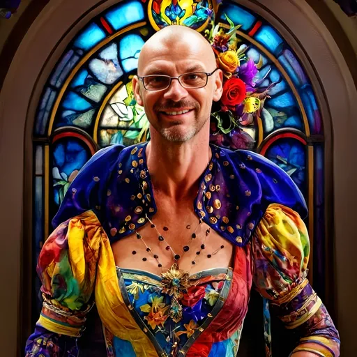 Prompt: a woman with a colorful dress and flowers in her hair and a stained glass window behind her is a stained glass window, David LaChapelle, rococo, promotional image, a character portrait