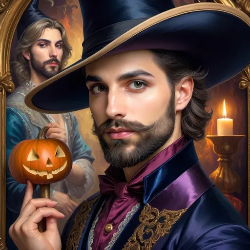 Prompt: (honoring Nuit), captivating handsome man magician with an elegant beard, wearing a pointed witch hat, (renaissance baroque painting style), facial features highlighted in detail, dark mystical background that enhances the allure, rich deep colors creating dramatic contrast, elements of Halloween celebration subtly interwoven, inviting an atmosphere of enchantment and mystery, ultra-detailed, a captivating masterpiece.